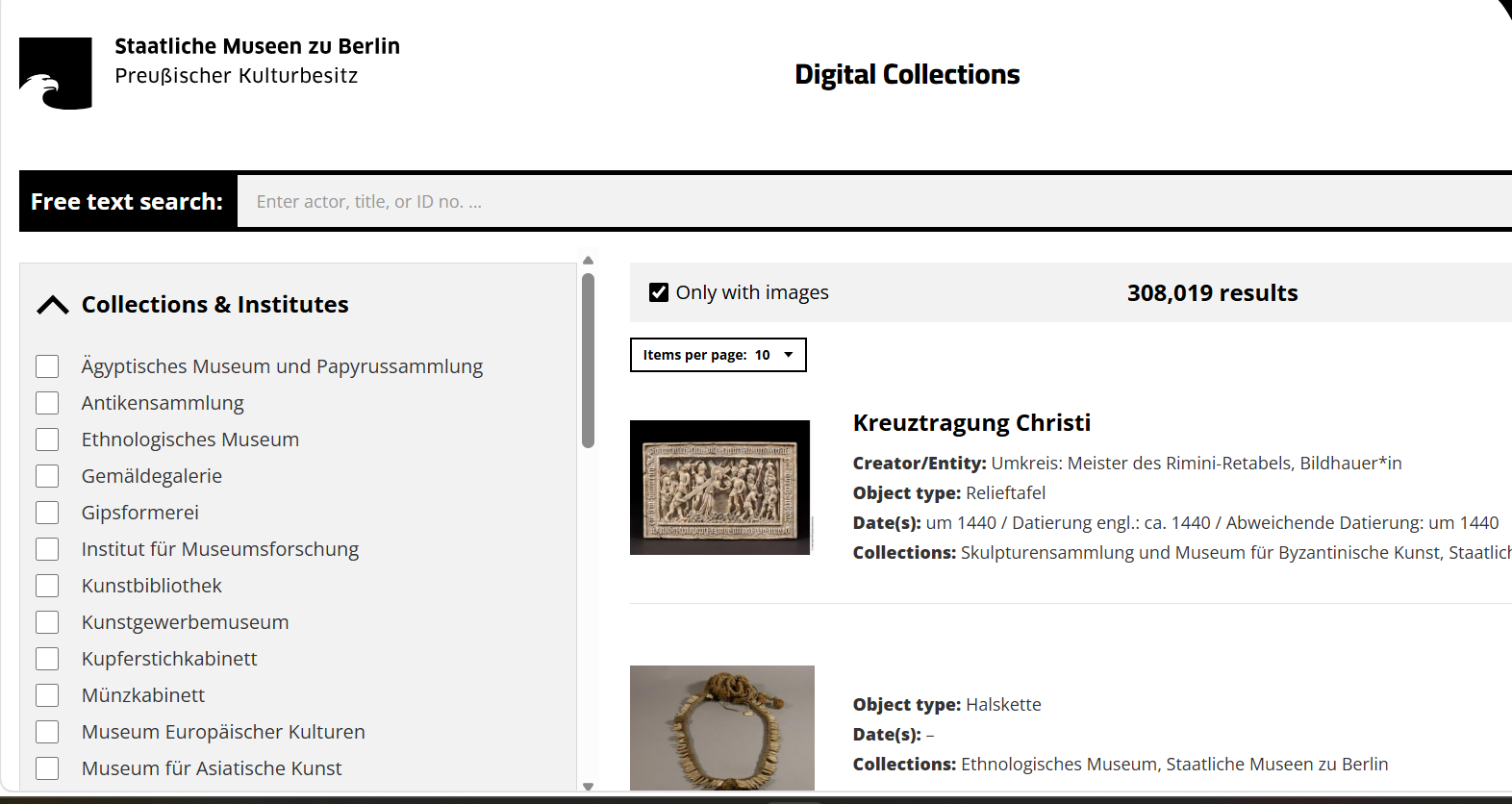 Preview of the SMB's online collection page